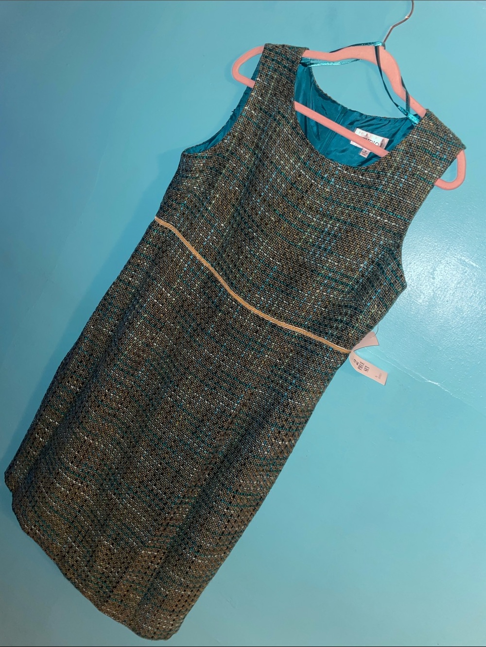 Studio I Teal and Brown Tweed Sleeveless Shift Dress